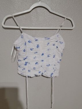 Skylar + Madison White Cropped Smocked Camisole with Blue Floral